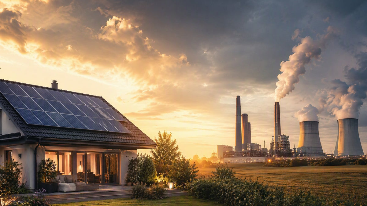 Infographic comparing solar energy and fossil fuel costs with solar panel, sun, factory icons.
