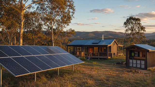 Solar power system diagram on house with panels, showing inverters, grid, and battery flow