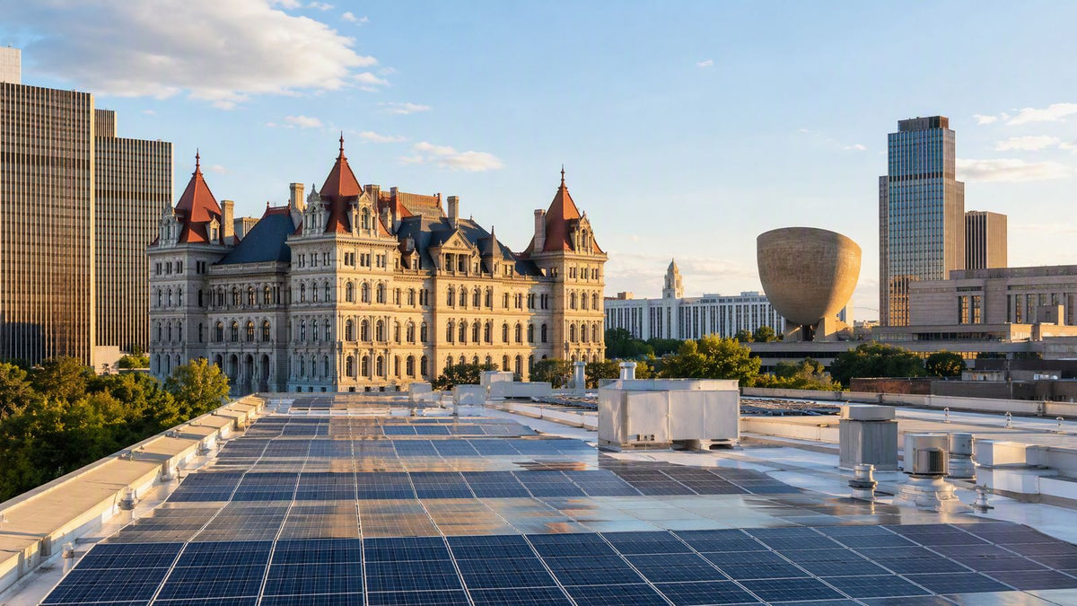 The New York State Capitol area skyline with rooftop solar installations in the foreground