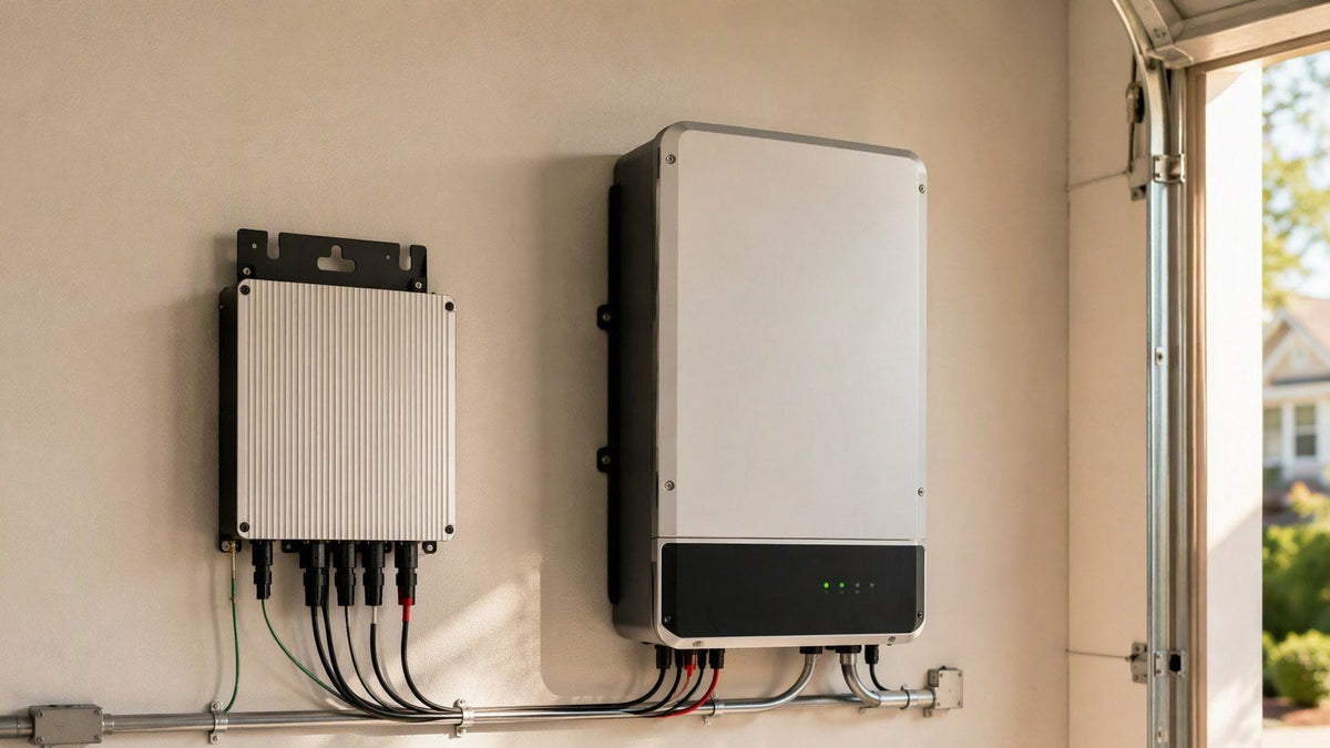 Two residential solar inverter systems mounted side by side on a wall for comparison