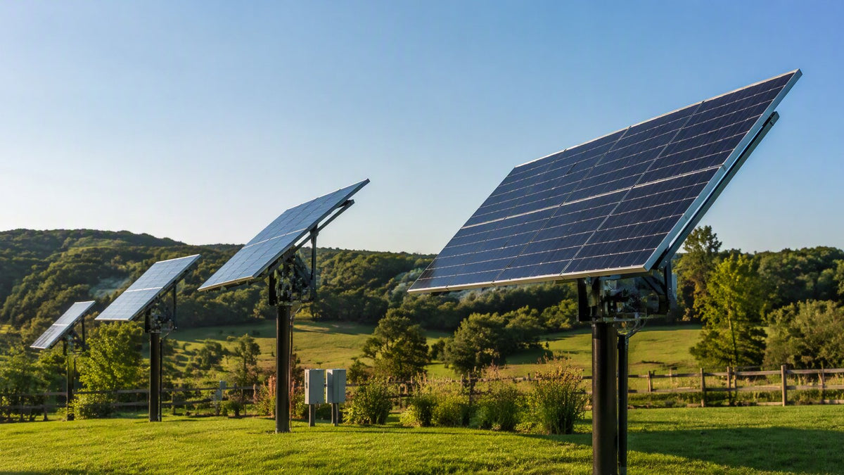 Several pole-mounted solar panels in a sunny rural property