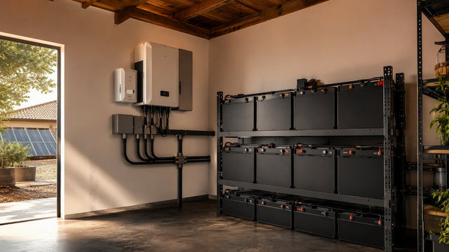 An 8kW hybrid inverter power system with battery bank in a tidy utility room