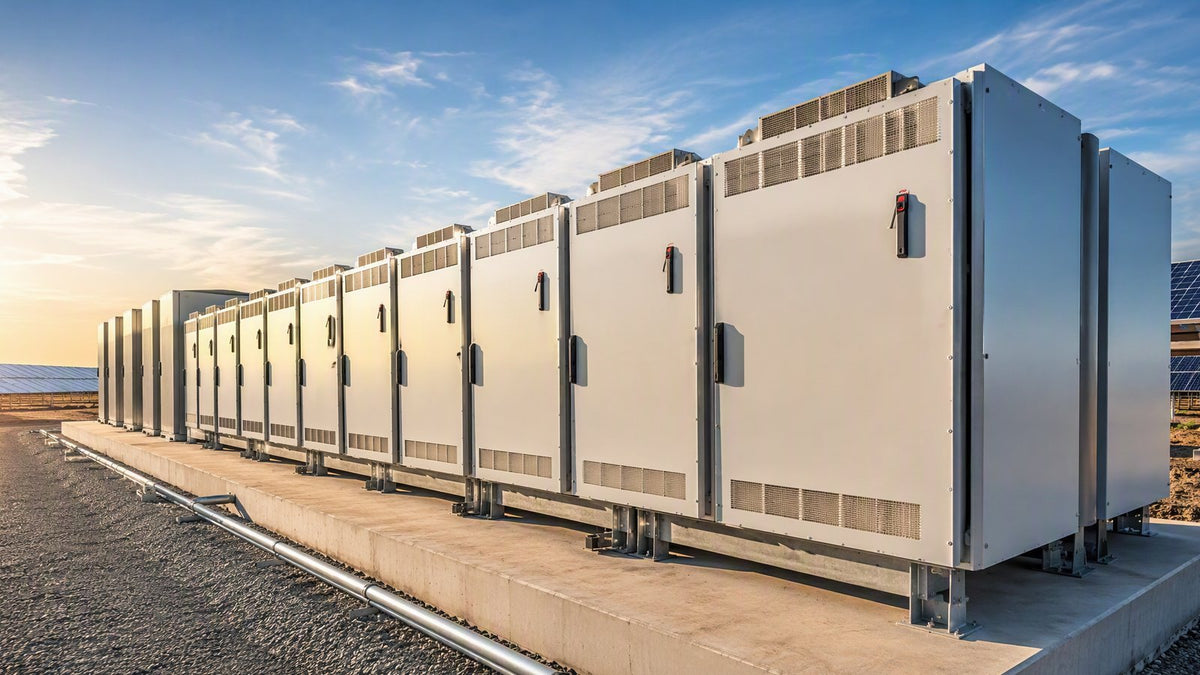 A large commercial string inverter station at a solar farm