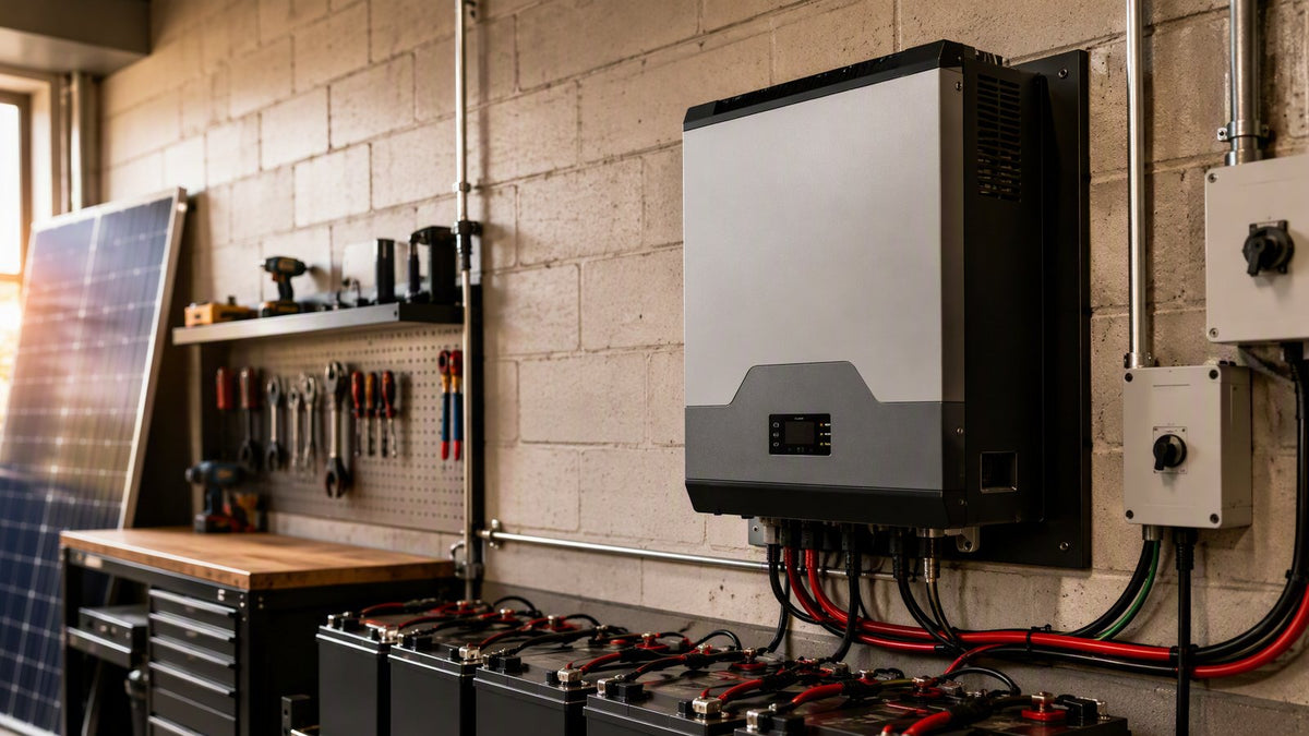A 48V battery charger-inverter unit mounted on a workshop wall with cables and a battery bank