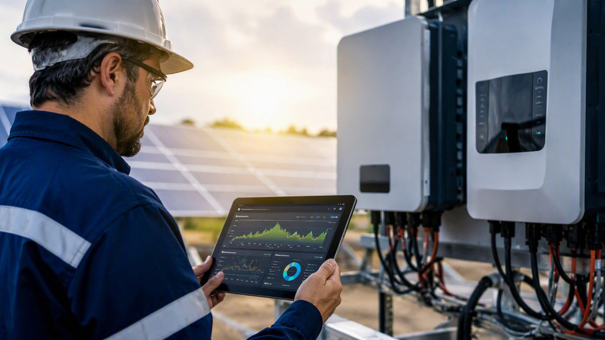 Engineer using tablet to monitor AI solar inverter at solar panel field with city skyline