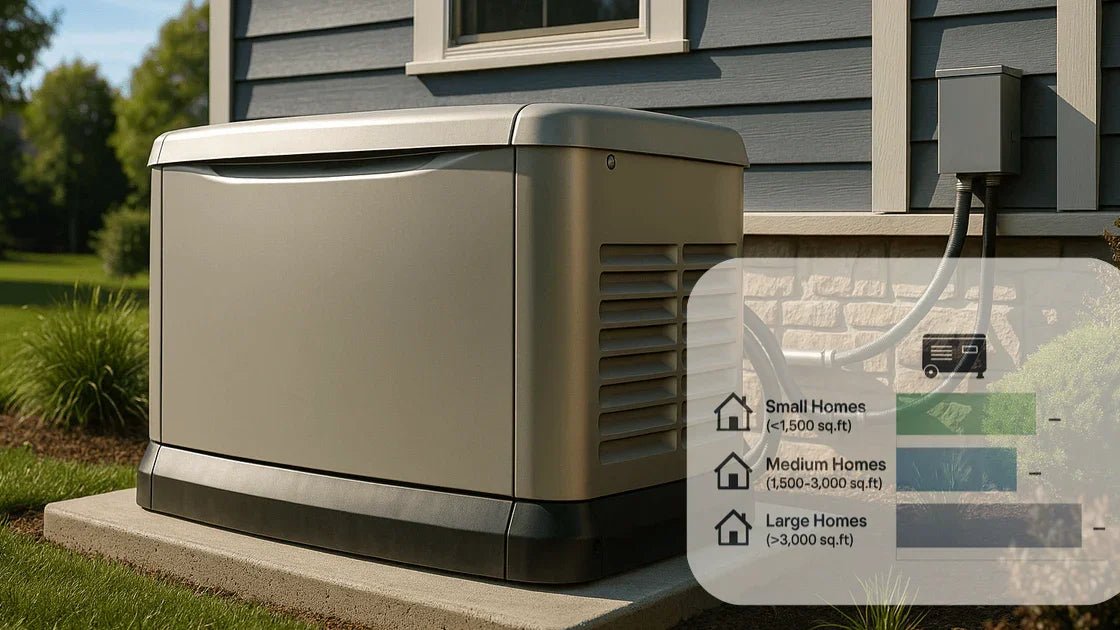 Backup home generator installed outdoors, generator sizing chart overlay for small, medium, large homes
