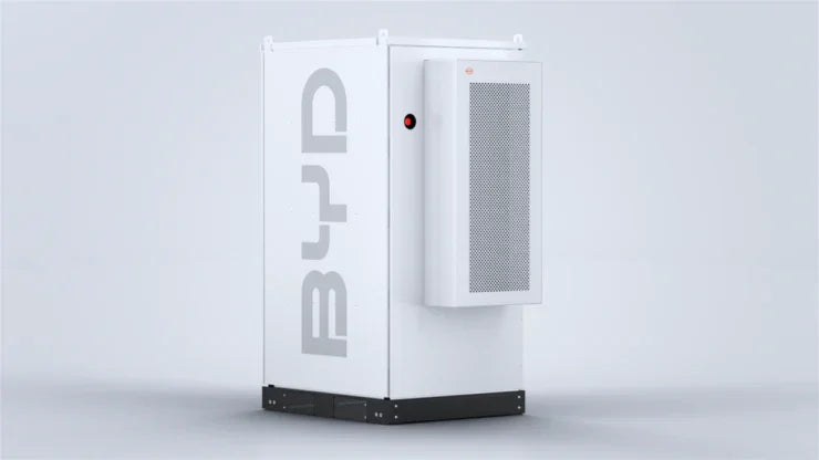 BYD energy storage battery box in white with gray logo on a plain background