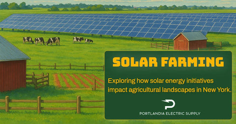 Solar panels and cows on a New York farm, highlighting solar farming and agriculture.