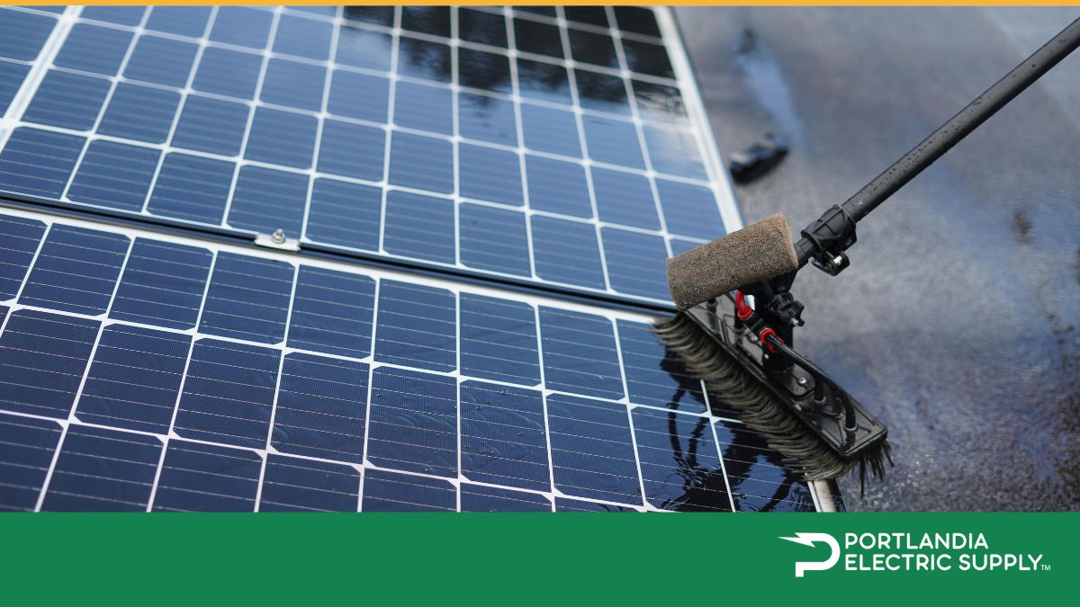 Close-up of solar panels being cleaned with a squeegee tool on a rooftop installation, showing the textured glass surface and metal frame of the panels with Portlandia Electric Supply branding