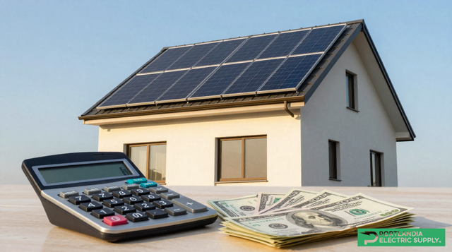 Solar panels installed on residential rooftop with calculator and money illustrating solar energy cost and savings in 2026