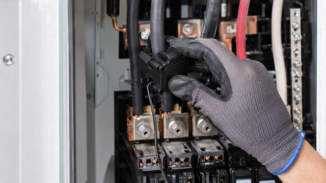 Mano con guante sujetando un transformador de corriente de núcleo partido alrededor de un conductor dentro de un panel eléctrico abierto