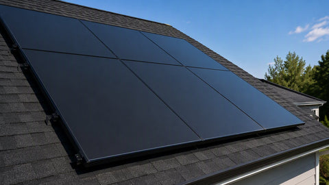 Paneles solares residenciales totalmente negros con superficie uniforme sin barras en un techo de tejas