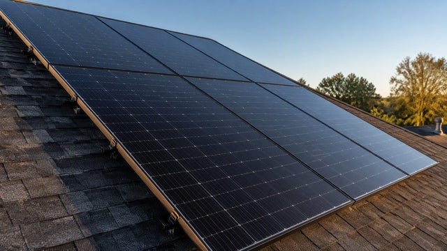 Paneles solares todo negro en un techo residencial de tejas bajo el sol de la tarde