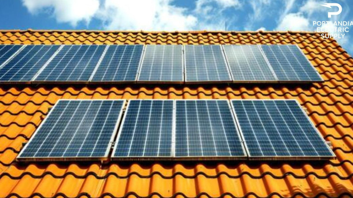 Full-size solar panels mounted on orange tile roof under blue sky, Portlandia Electric Supply logo