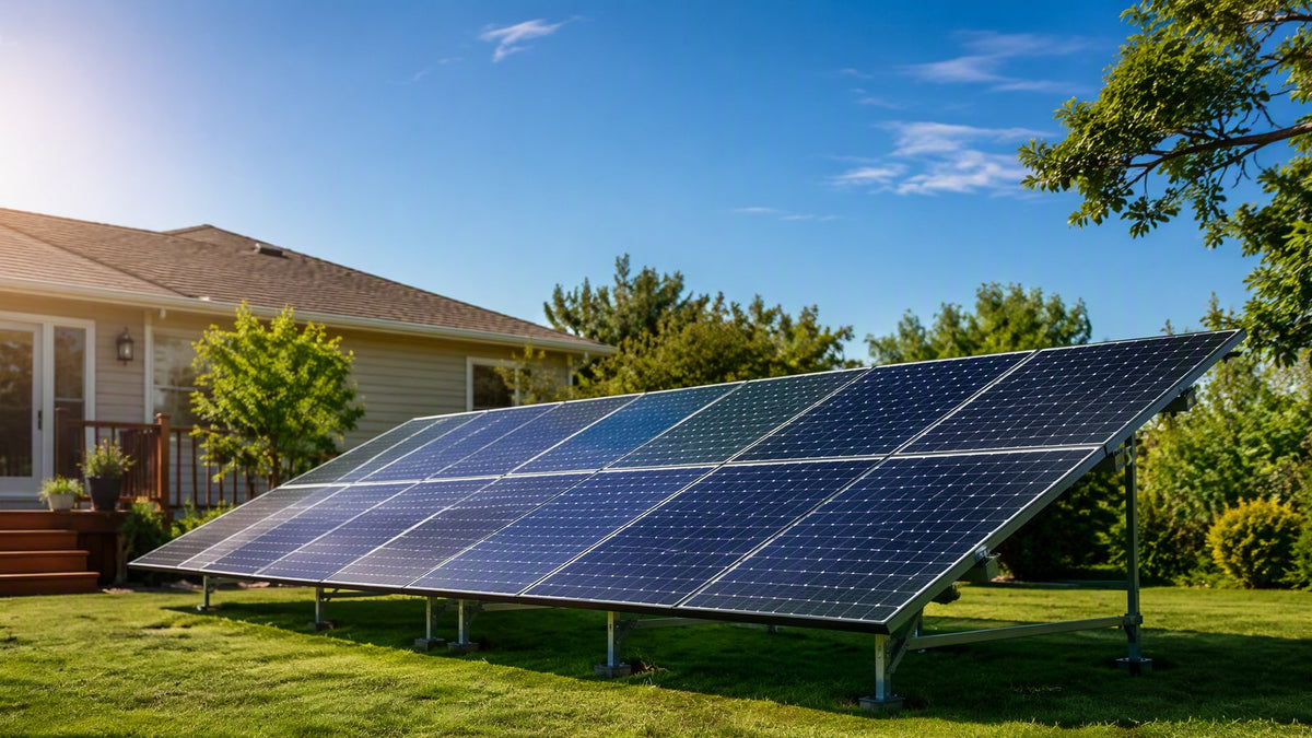 A 7kW ground-mounted solar panel array in a sunny backyard of a suburban home