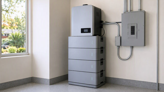 Torre modular de baterías para el hogar con inversor y subpanel en un cuarto de servicio