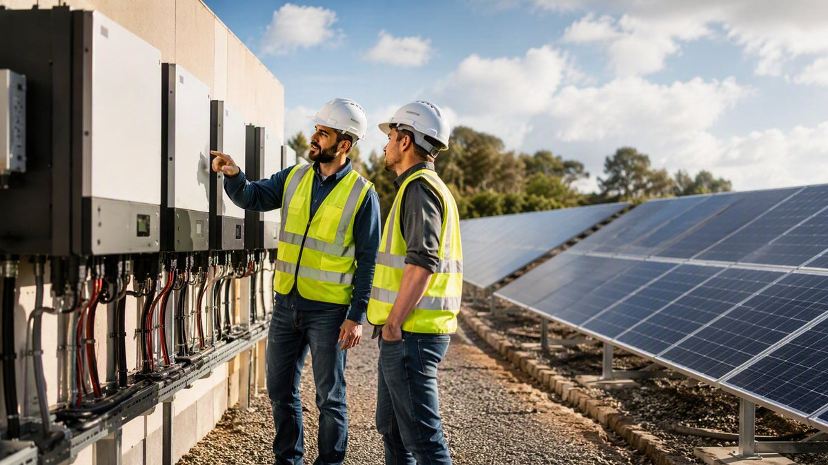 Engineers inspecting solar power inverters beside solar panels, wearing safety vests and helmets.