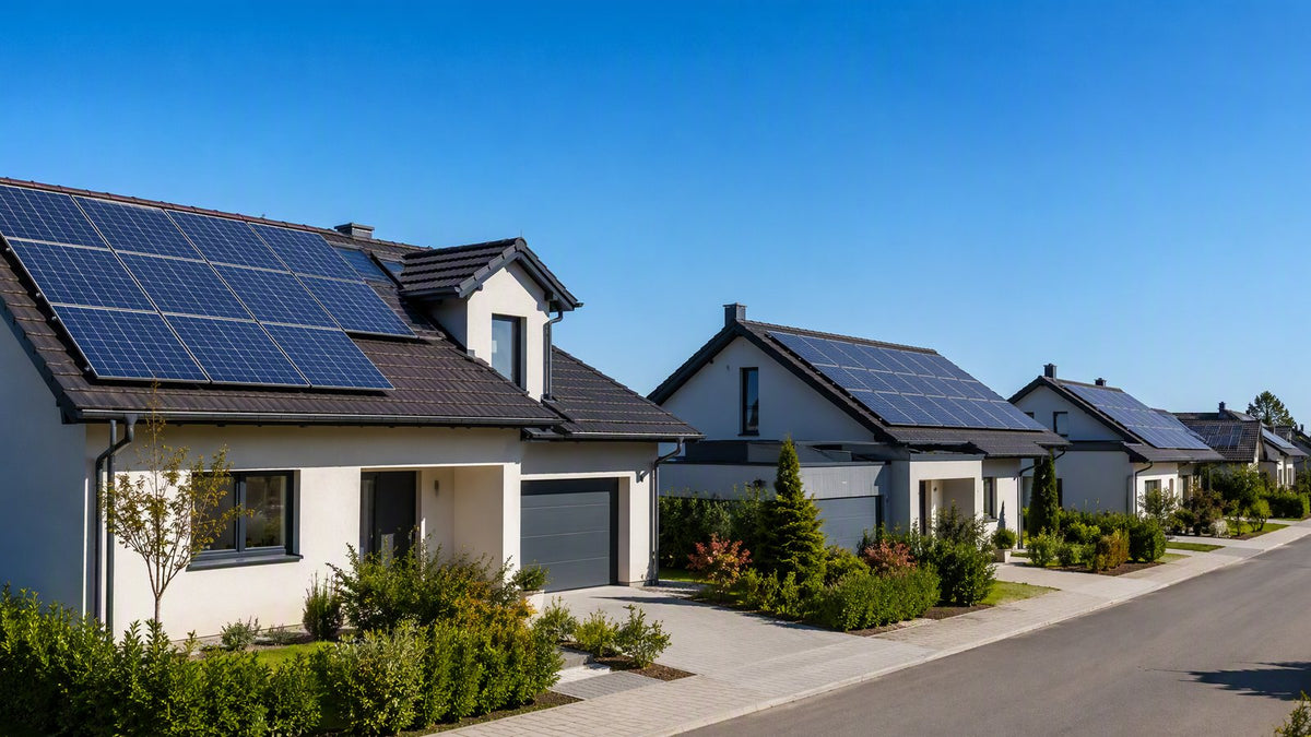 Modern houses with solar panels on rooftops under clear blue sky