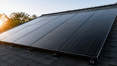 Paneles solares residenciales totalmente negros en un techo de tejas al sol de la tarde