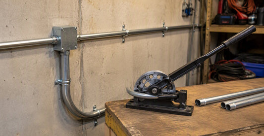 Galvanized EMT electrical conduit run with a manual conduit bender on a workshop bench