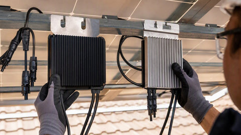 Close-up of two different solar microinverter/optimizer units mounted under rooftop panels