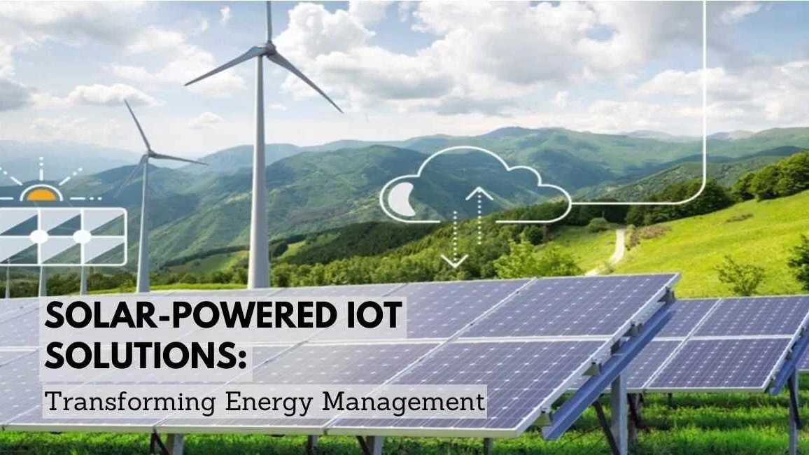 Solar panels and wind turbines in a green field with IoT and cloud energy icons