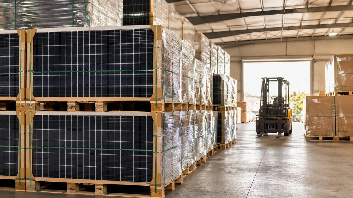 Wholesale solar panels illustration with cardboard box, price tag, and blue solar panels