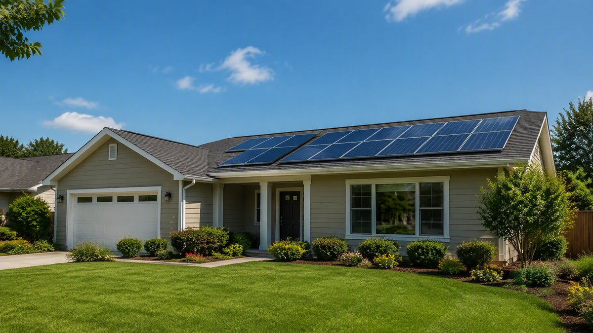 A modest suburban home with a medium rooftop solar array