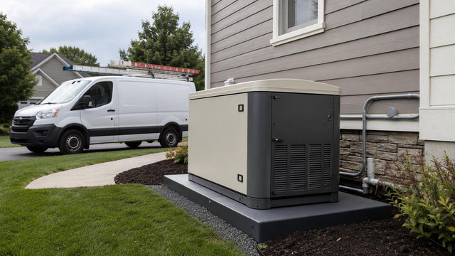 Generador standby residencial sobre base compuesta junto a una casa suburbana con una camioneta de electricista en el acceso