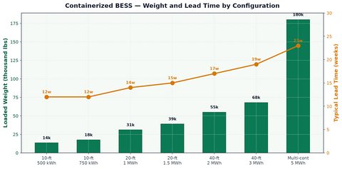 Containerized BESS 500 kWh to 5 MWh — loaded weight and typical lead time by configuration