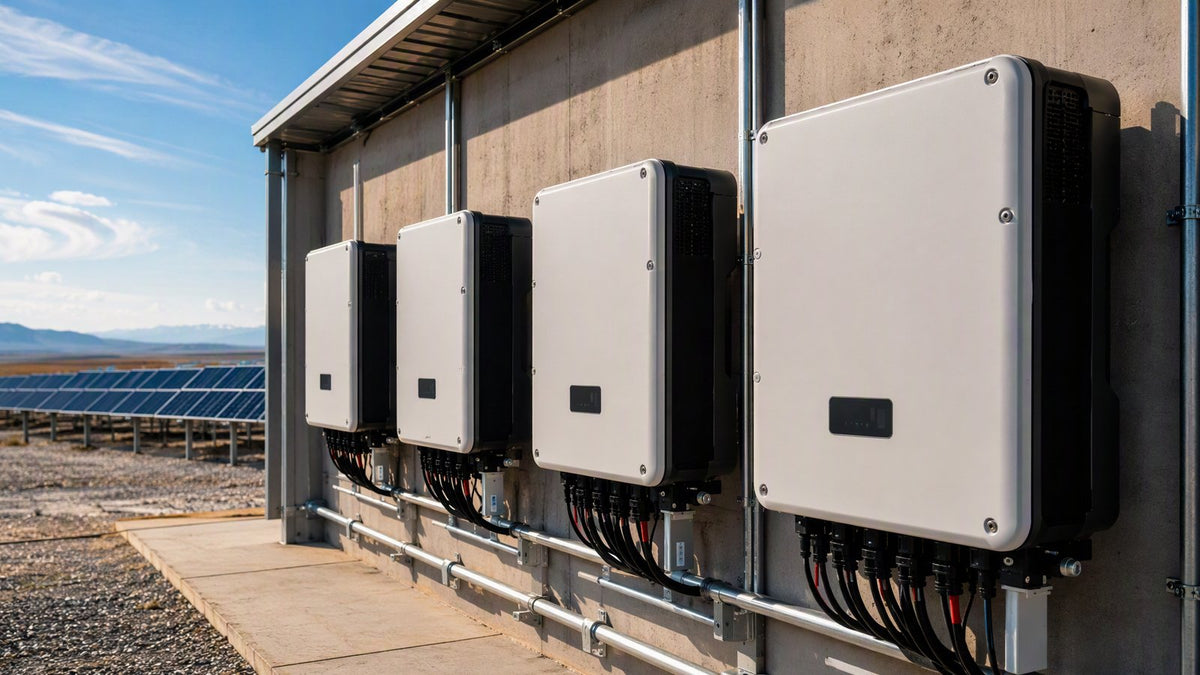 A row of large commercial string inverters mounted on a wall at a solar farm