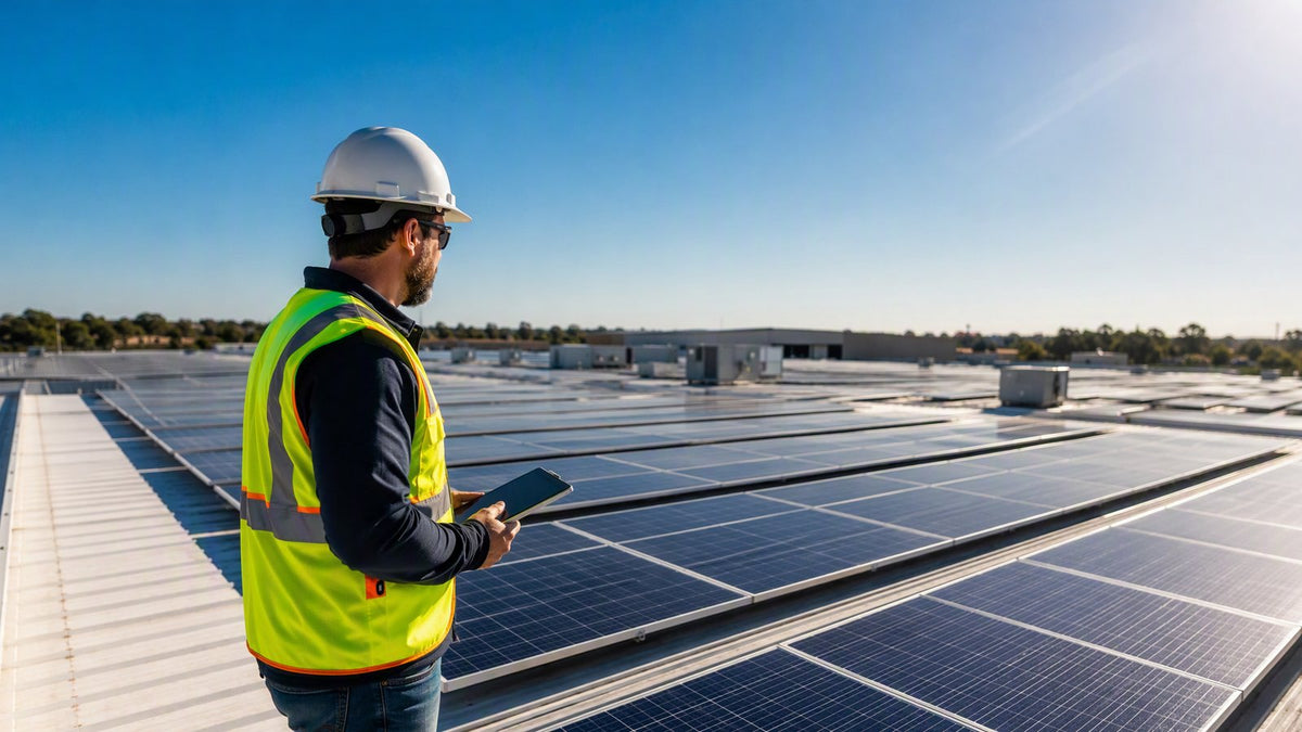 Solar technician in safety vest inspecting commercial solar panel installation on a business rooftop