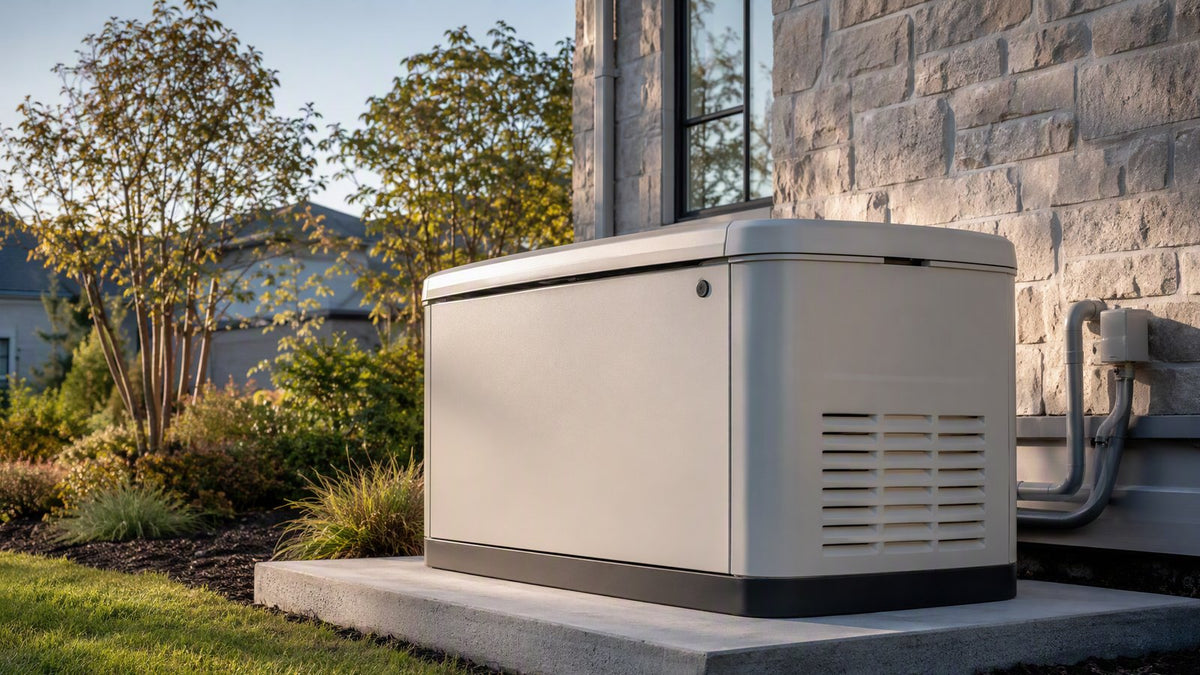 A 48kW liquid-cooled standby generator enclosure on a concrete pad outside a large home