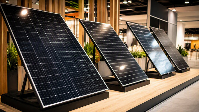 A showroom display of several brand-new black solar panel models angled on stands