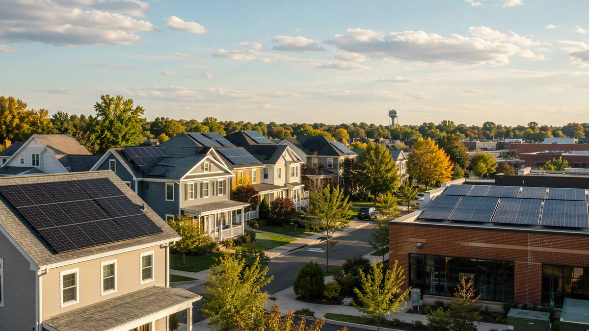 Tulsa home with rooftop solar panels, wind turbines, solar farm, and city skyline