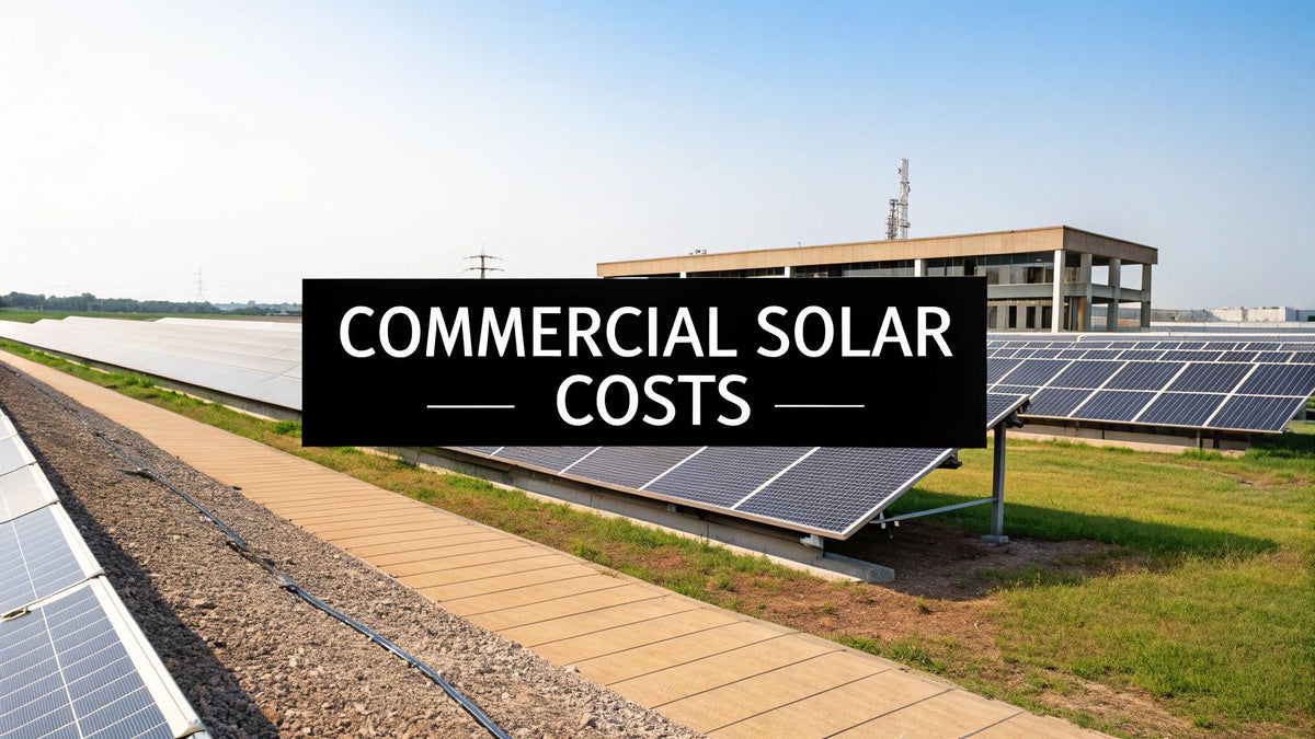 Commercial building with solar panels on green lawn, pathway, and clear sky, commercial solar costs