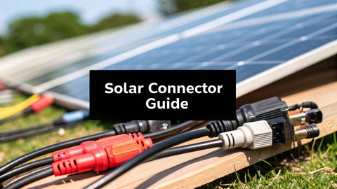 Close-up of solar panel connectors and cables outdoors, labeled 'Solar Connector Guide'