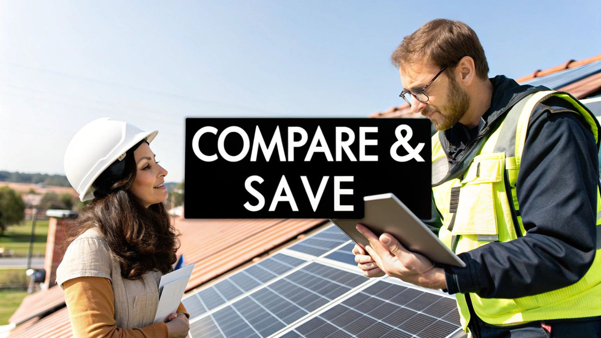 Two people in hard hats discussing rooftop solar panels with a tablet, compare and save text