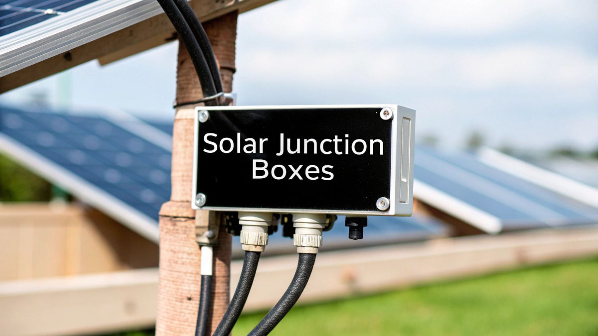Solar junction box with cables near outdoor solar panels in sunlight