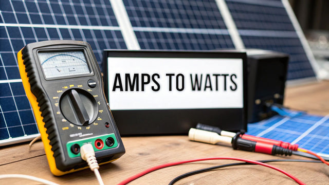 Digital multimeter and cables on table with solar panels and 'AMPS TO WATTS' sign