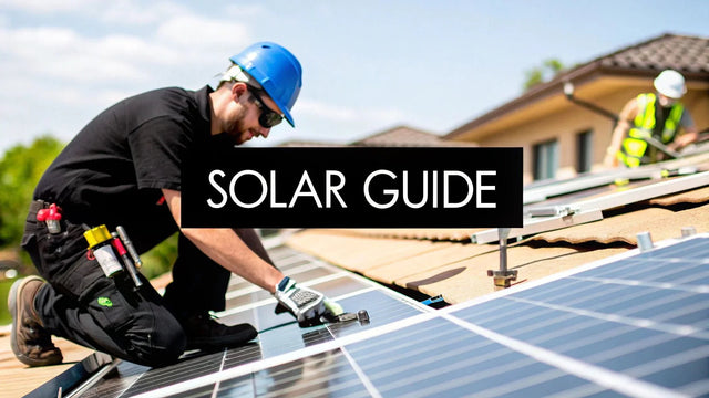 Technician installing solar panels on rooftop, wearing blue hard hat, solar guide text overlay