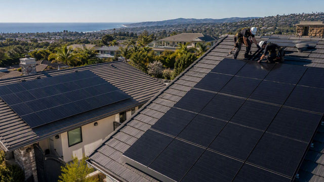 Two premium residential solar panel arrays on neighboring rooftops in a sunny suburb