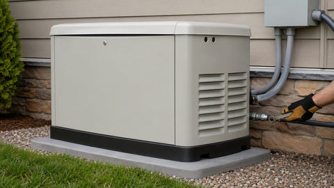 Generador standby residencial enfriado por aire sobre base compuesta con electricista conectando la línea de combustible