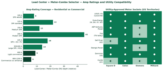 Load center + meter combo selector — amp rating and utility approval matrix