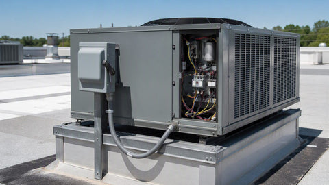 Condensadora de aire acondicionado en tejado con interruptor de desconexion y conduit