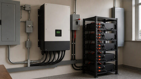 Inversor hibrido off-grid con rack de baterias y conduit en cuarto electrico