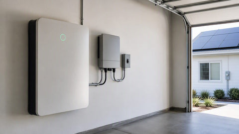 Batería de almacenamiento residencial montada en la pared de un garaje cargándose con paneles solares e inversor híbrido