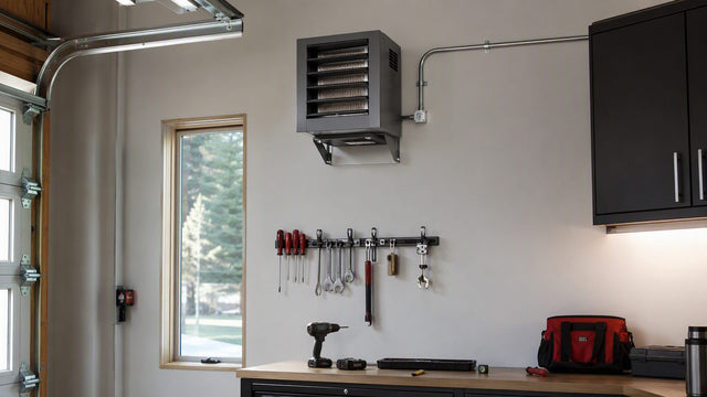 Calefactor eléctrico de unidad montado en lo alto de la pared de un taller de garaje residencial con conduit metálico