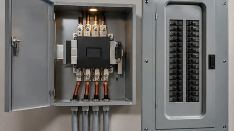 Interruptor de transferencia automatica con conductores gruesos de cobre junto al panel