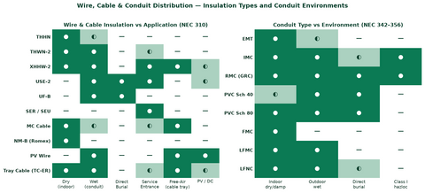 Wire and conduit distribution — insulation type vs application, conduit type vs environment
